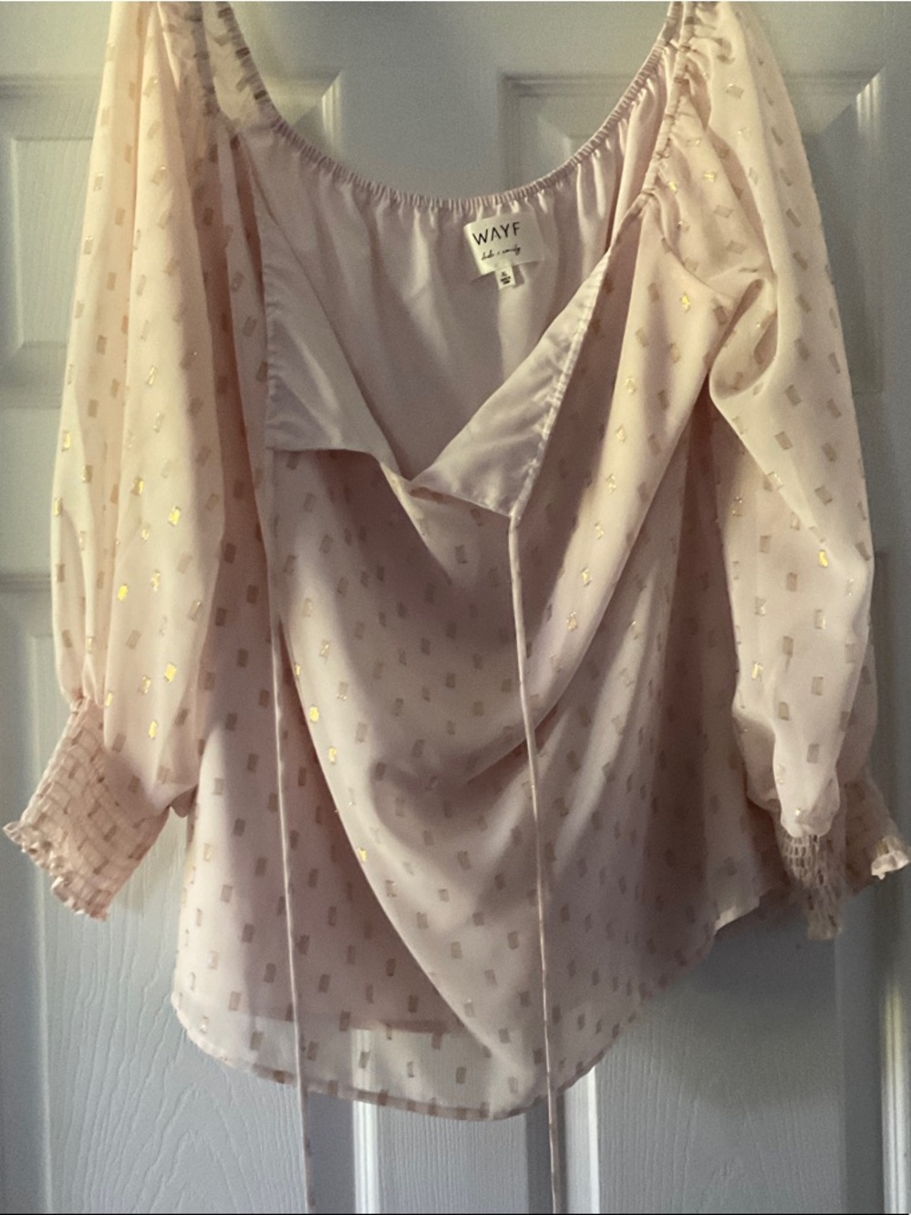 Wayf Blush Pink Off-the-Shoulder Blouse with Gold Foil Accents